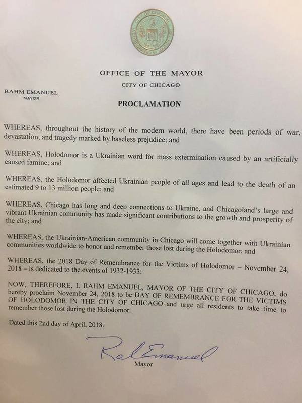 Мер Чикаго оголосив день вшанування жертв Голодомору