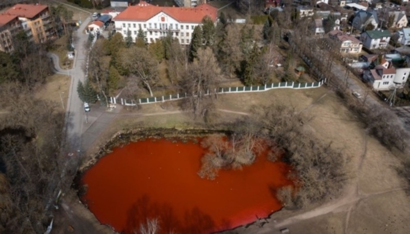 Воду у ставку біля посольства рф у Вільнюсі пофарбували у кривавий колір